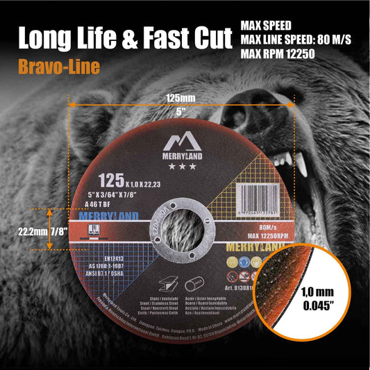 Merryland cutting disc 125 Metal Stainless Steel for Angle Grinder, 125 X 1.0 mm Thin Flex Disc Straight 50 Pieces, Bravo-Line B13081042.