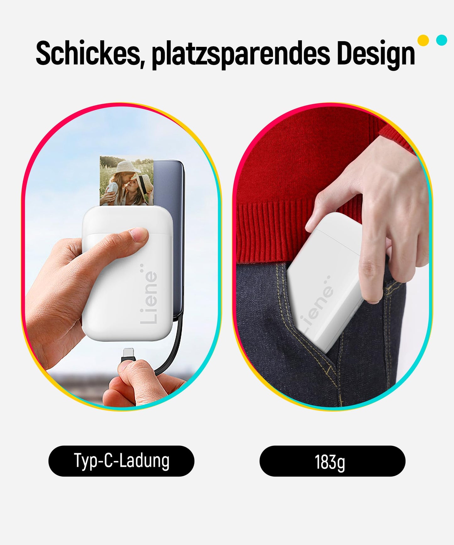 Liene Pearl K100 Mini Photo Printer for Smartphone (5x7.6cm) - with 50 sheets of Zink photo paper with sticky backing, 300DPI Bluetooth instant printer compatible with iOS & Android, built-in battery