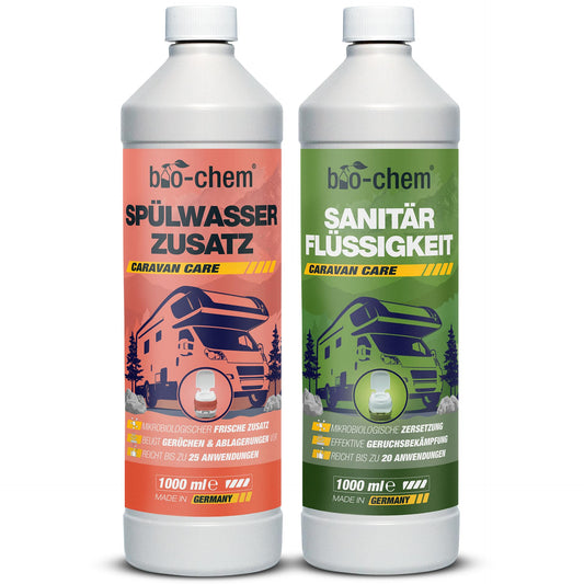 Bio-chem camping toilet additives: Microbiological sanitation liquid 1L + flushing water additive 1L including dosing cup - Sanitation additive for camping toilet, portable toilet, chemical toilet - Made in GER.