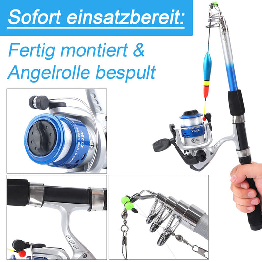 Q-Tac - Kids Fishing Set [Fully assembled & spooled reel] For kids 4 years and up, fishing rod 165 cm, complete Blue Fishing Set