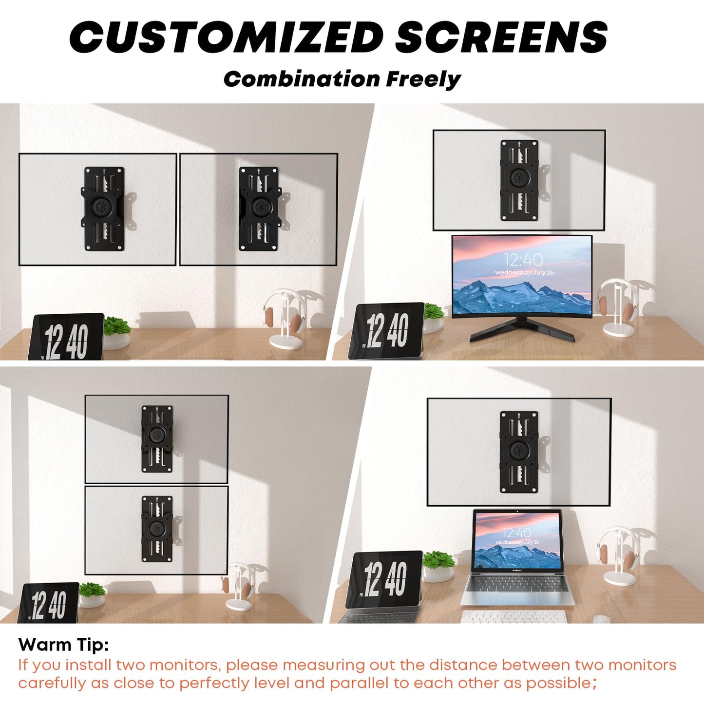 Height adjustable monitor wall mount for 1 monitor, suitable for 13-35 inch screens. Ultra-slim PC monitor holder, swivel and tilt, with VESA 75x75/100x100mm, supports up to 10kg.