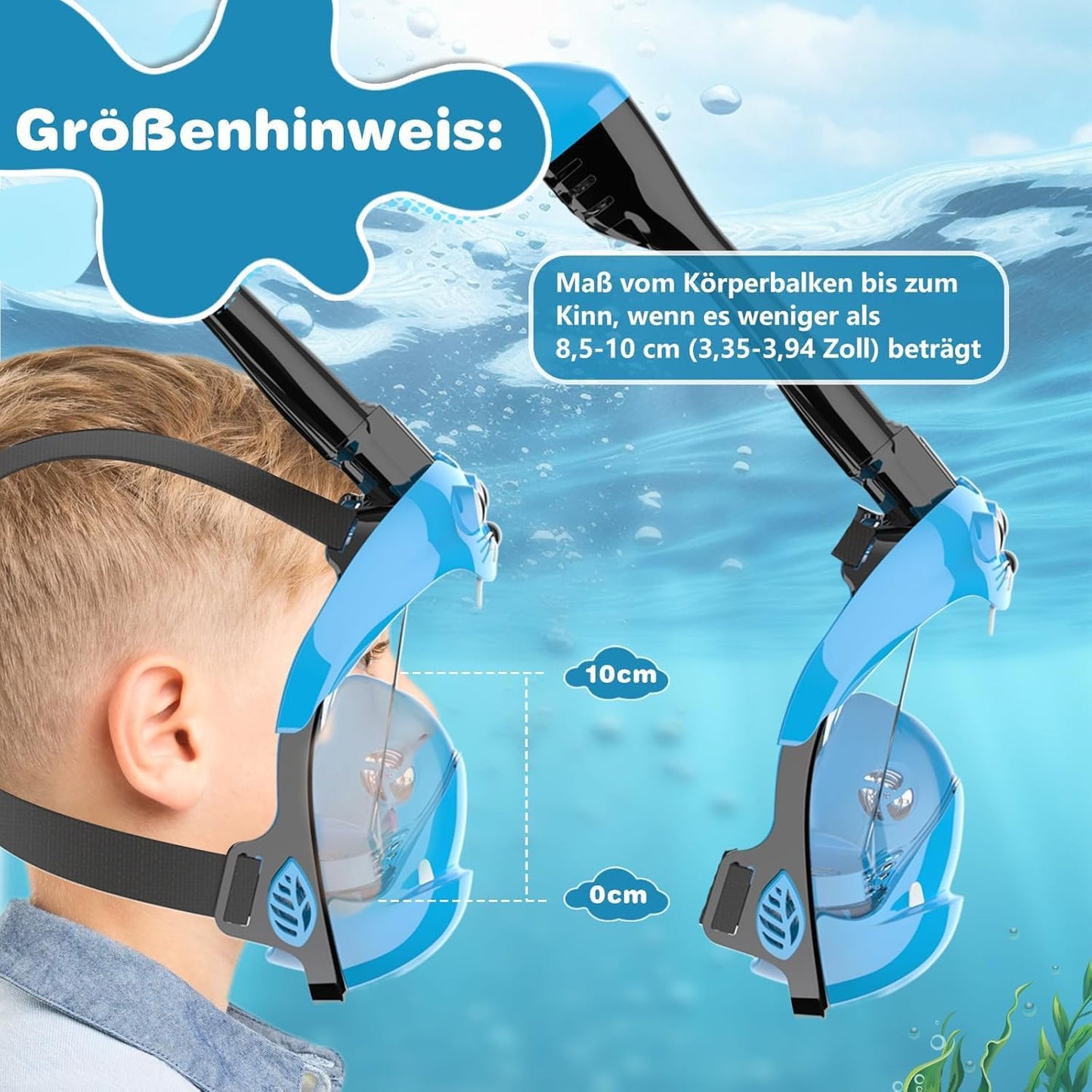 Kids full face snorkel mask - CO2 safe diving mask for ages 6 and up with anti-fog, anti-leak, 180° panoramic view. Includes silicone & carrying bag. (Blue, XS)