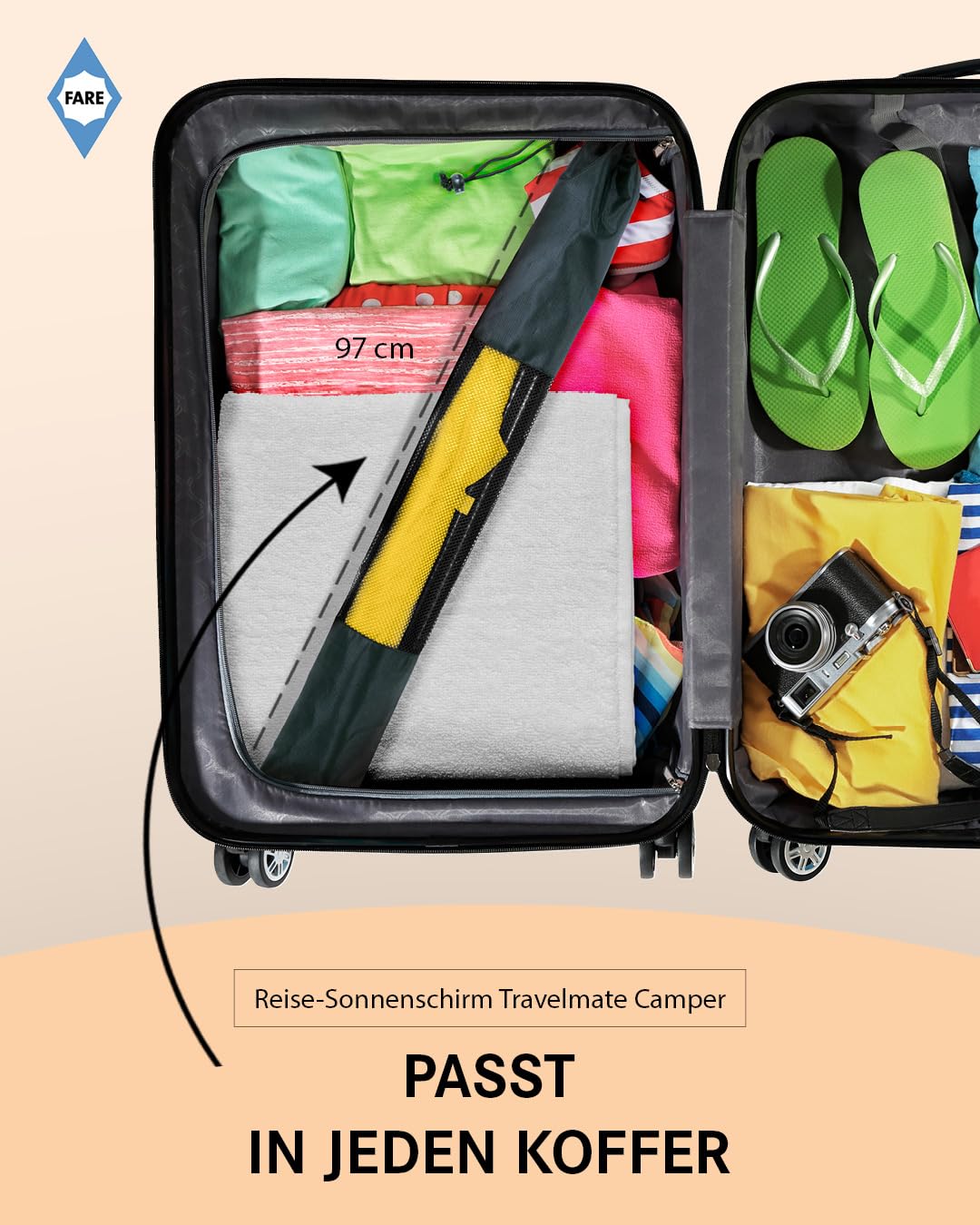 FARE Travel-Sun Umbrella Travelmate Camper - Lightweight & Compact, UV protection UPF50+, Perfect for Travel, Beach, Outdoor & Camping - Can also be used as a rain umbrella.