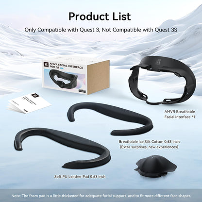 AMVR Face Cover Pad Facial Interface is compatible with Meta/Oculus Quest 3 accessories, featuring a soft PU face cushion pad replacement and Ice Silk Cotton material. Not compatible with Meta Quest 3S.