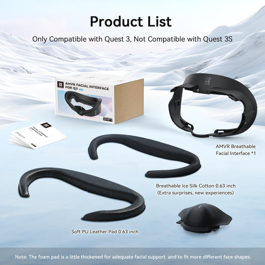 AMVR Face Cover Pad Facial Interface is compatible with Meta/Oculus Quest 3 accessories, featuring a soft PU face cushion pad replacement and Ice Silk Cotton material. Not compatible with Meta Quest 3S.