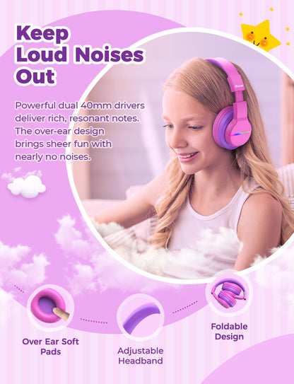 iClever Bluetooth Kids Headphones, Colorful LED Lights, Over-Ear Children's Headphones with 74/85dBA Volume Limit, 85 Hours of Playtime, Bluetooth 5.2, Built-in Microphone BTH12