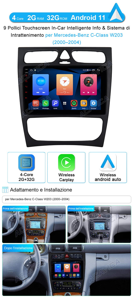 ACAVICA 9-inch Android car radio for Mercedes-Benz C-Class W203 2000–2004. Bluetooth car radio GPS navigation with touchscreen, supports wireless Carplay, WiFi. 2+32GB.