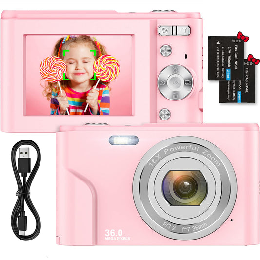 Digital camera 1080P HD compact camera 36 megapixel mini video camera 2.4" LCD digital camera rechargeable photo camera with 16X digital zoom for students/adults/kids/beginners (pink)