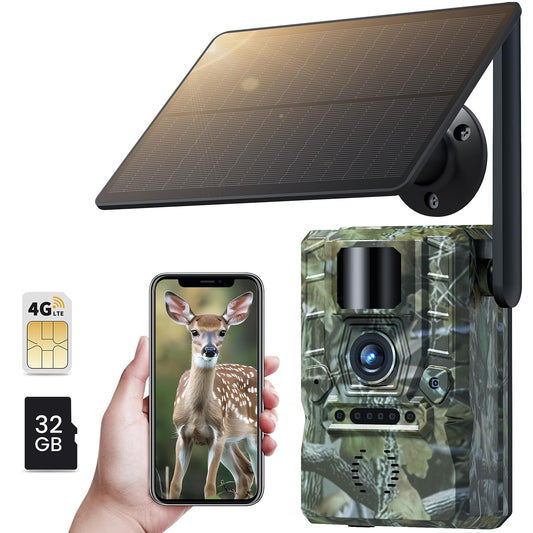 XTU 4G trail camera with SIM card - LTE solar wildlife camera with mobile transmission app, PIR motion sensor, no-glow infrared night vision camera with 7800mAh battery, 32GB SD card, 2-way audio IP66.