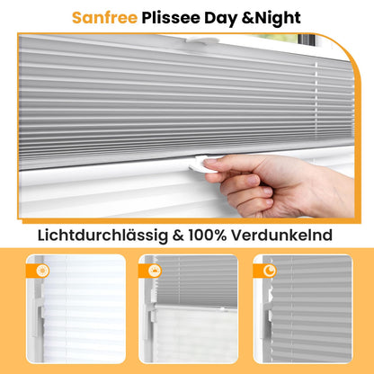 Sanfree Day Night Pleated Shade without drilling Darkening Clamp Fix Pleated Shades White-Grey 65x90cm (WxH) Darkening pleated shade Thermo Pleated Shades Clamp Roller Blinds 100% Blackout Roller Blinds for Windows & Doors
