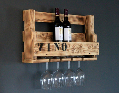 Decorative wooden wine rack for the wall - with glass holder and VINO lettering - Flamed finish - pre-assembled - Shelf for wine bottles and wine glasses