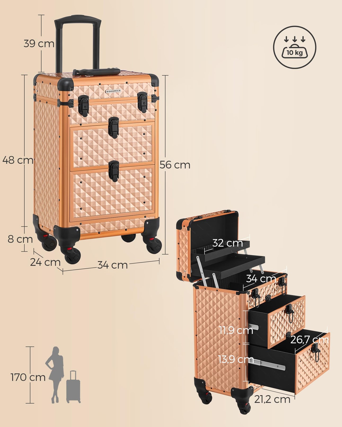 SONGMICS Cosmetic Bag Trolley, Makeup Case with 2 Drawers, Large Hairdresser Case, Makeup Case, 34 x 24 x 56 cm, 360° Rotating Wheels, Travel, Hairdressers, Gift Idea, Champagne Gold JHZ008A01