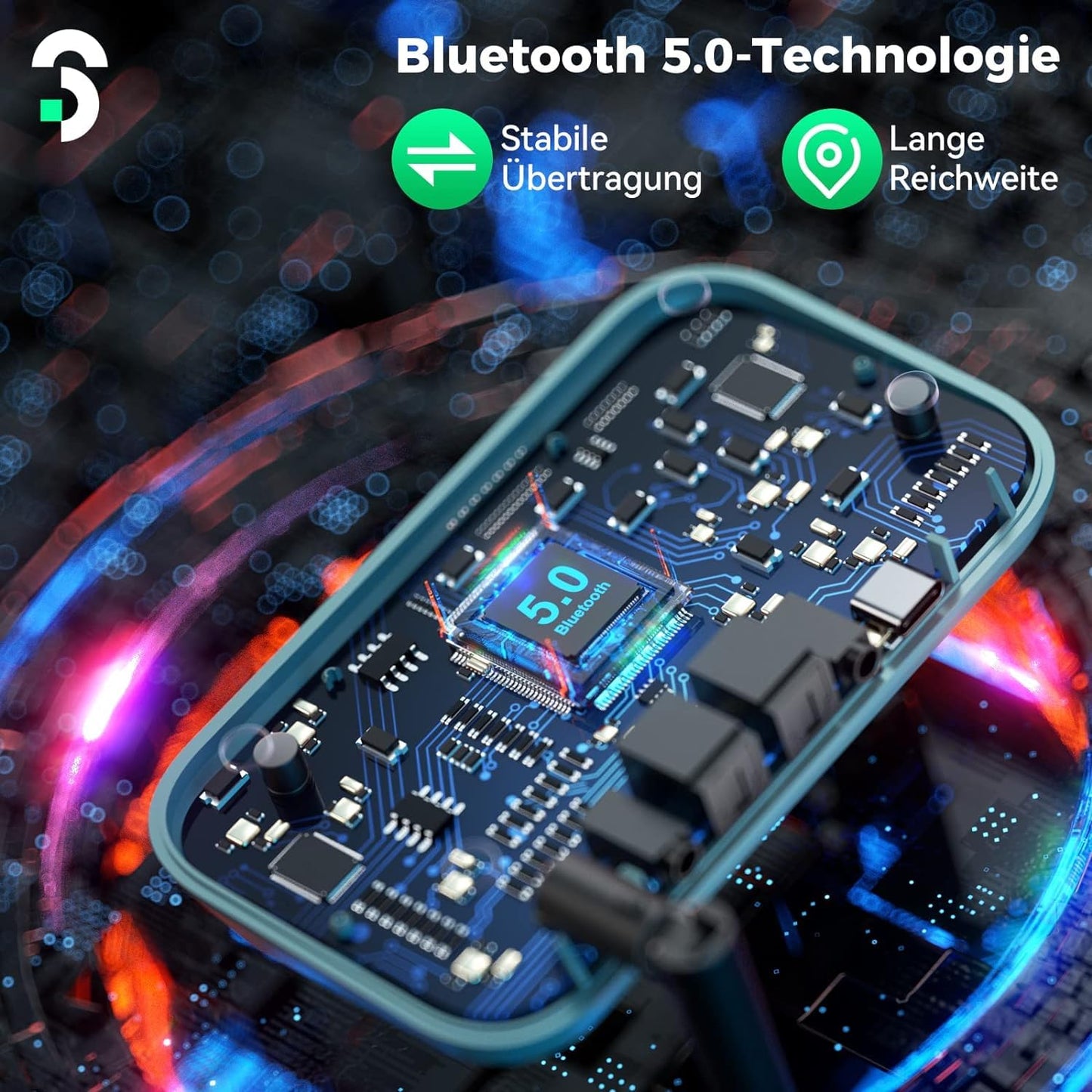 3-in-1 Bluetooth 5.0 transmitter receiver for 2 headphones, SOOMFON Bluetooth adapter for TV PC stereo system, low latency BT transmitter receiver with volume control, aux/RCA/optical.