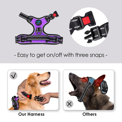 PHOEPET No Pull Dog Harness for Small Dogs, reflective, adjustable front clip vest with handle, 2 metal rings, 3 buckles [easy to put on and take off] (M, Purple)