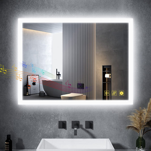 AI-LIGHTING Bathroom Mirror with Lighting 80 × 60 cm Lighted Bathroom Mirror with Bluetooth Speaker / 3 Light Colors / Outlet / Defogger Illuminated Mirror for Bathroom