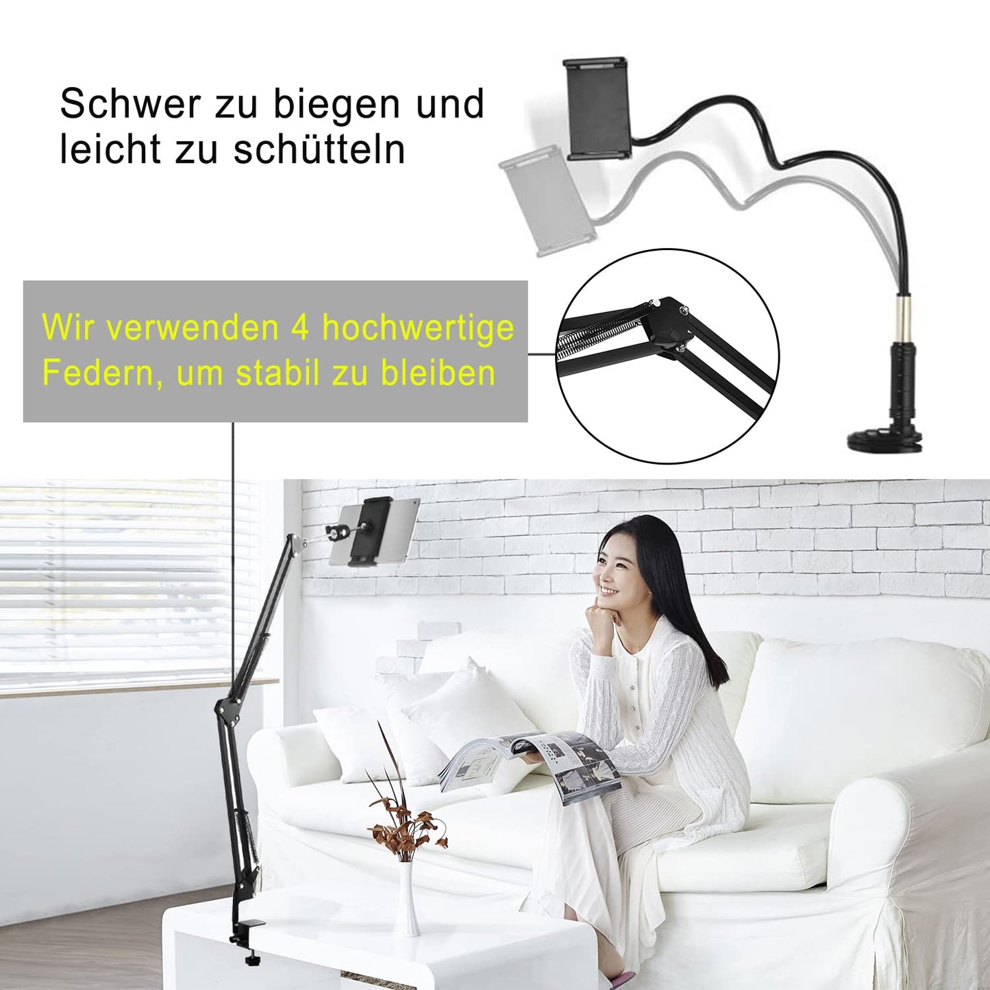 Tablet stand for bed holder - stand holder 360 degree rotatable with stable aluminum arm for iPad, tablets, phones or other devices with 4.5 to 12.9 inch screen.