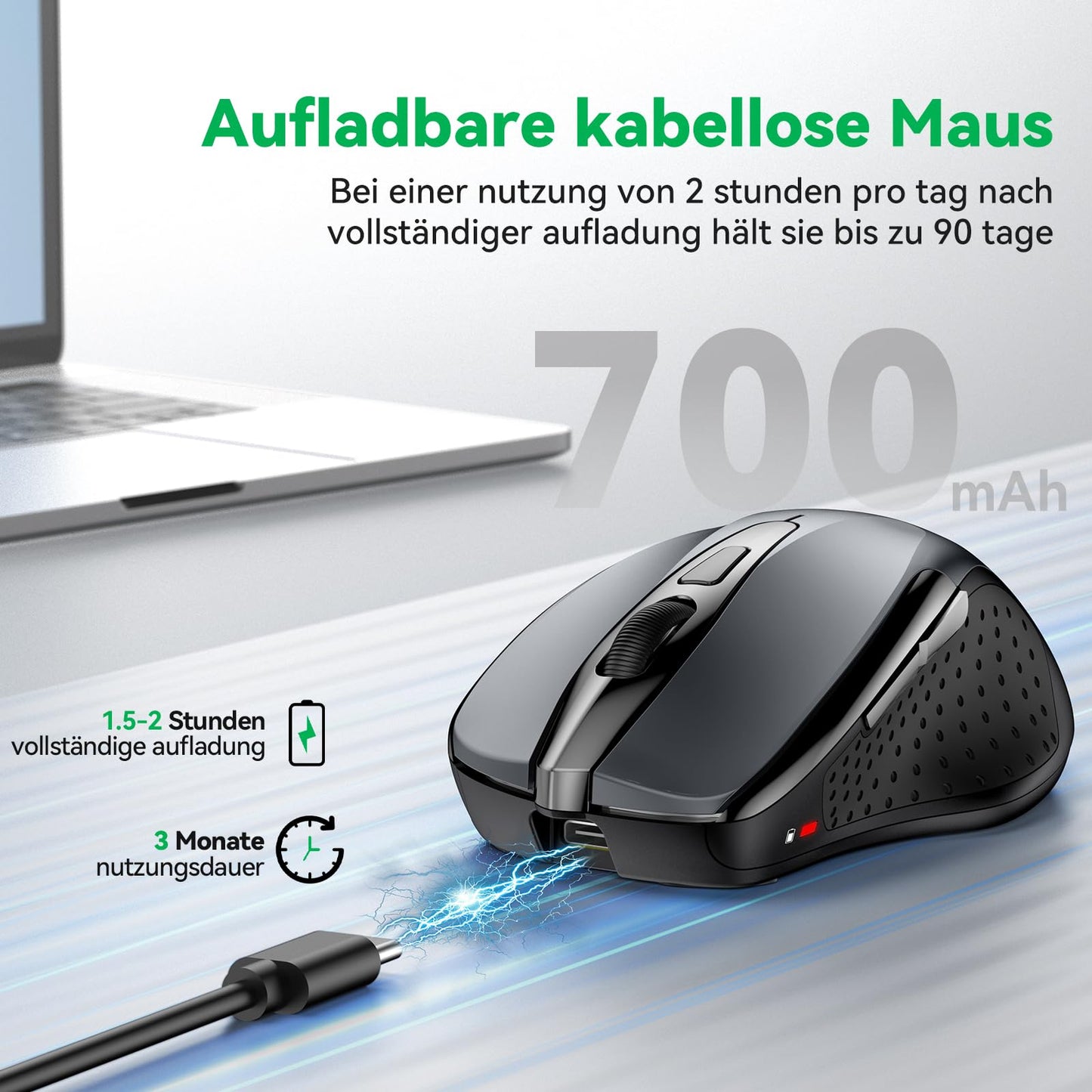 TechRise Bluetooth Mouse, 2.4G Wireless Mouse (BT 5.0/3.0 + 2.4G) 4800 DPI Rechargeable Ergonomic Mouse with USB-A Receiver, 6 Levels DPI Quiet Wireless Mouse for Laptops, Computer, PC, Windows, Gray