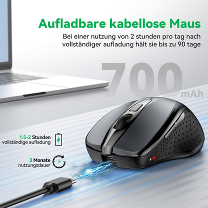 TechRise Bluetooth Mouse, 2.4G Wireless Mouse (BT 5.0/3.0 + 2.4G) 4800 DPI Rechargeable Ergonomic Mouse with USB-A Receiver, 6 Levels DPI Quiet Wireless Mouse for Laptops, Computer, PC, Windows, Gray