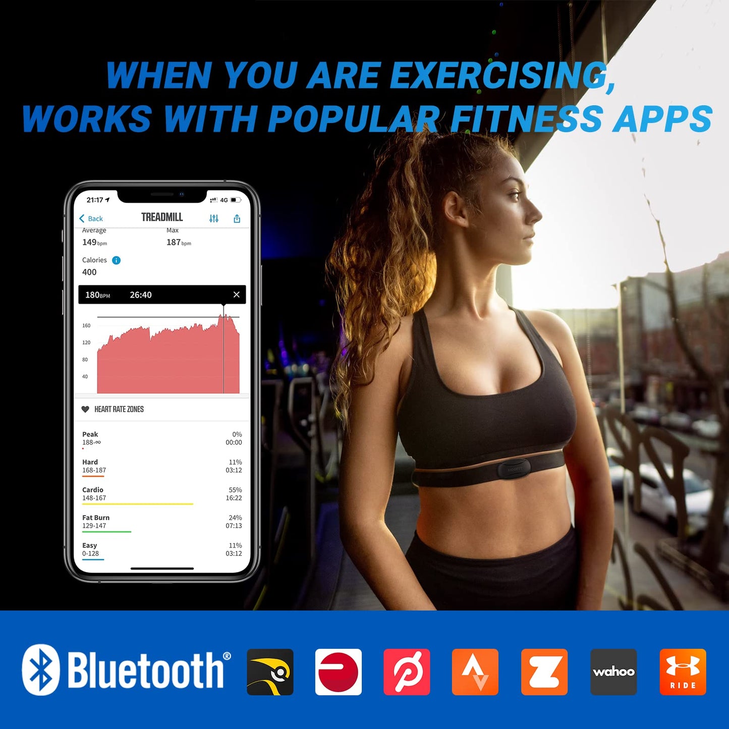 moofit HR8 heart rate monitor chest strap, low energy real-time heart rate data Bluetooth 5.0/ANT+, greater communication range, IP67 waterproof, compatible with iOS/Android apps, fitness equipment, black