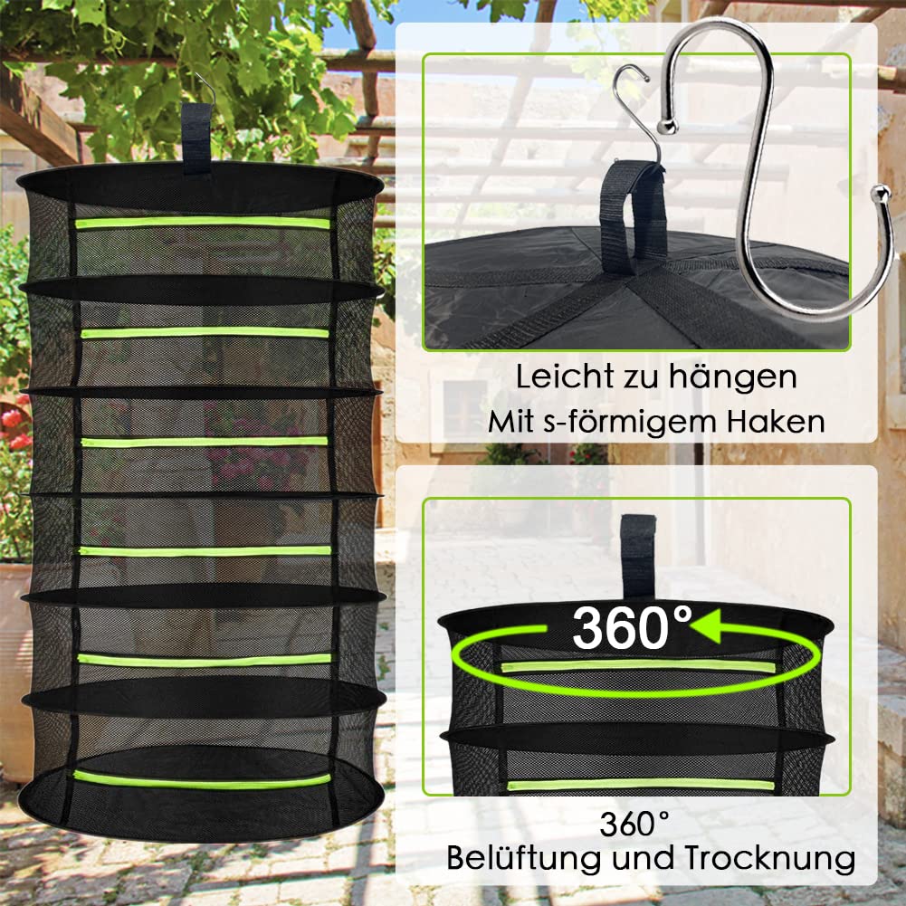 MORELX Herb Drying Rack, 6-layer Drynet, Hanging Drying Net with zippers, Foldable Drying Net with S-hooks and storage bag.