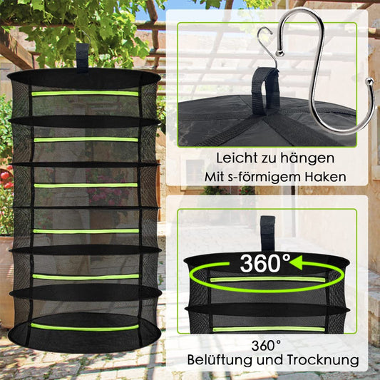 MORELX Herb Drying Rack, 6-layer Drynet, Hanging Drying Net with zippers, Foldable Drying Net with S-hooks and storage bag.