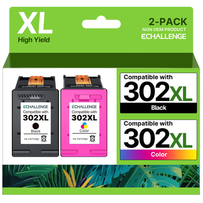 ECHALLENGE 302 XL for HP 302 printer cartridges Multipack 302XL cartridge for HP Envy 4525 4520 4522 4527 4524 DeskJet 3630 3636 3638 3639 OfficeJet 3830 3831 3833 (1Black 1Color, 2-Pack) ink cartridges