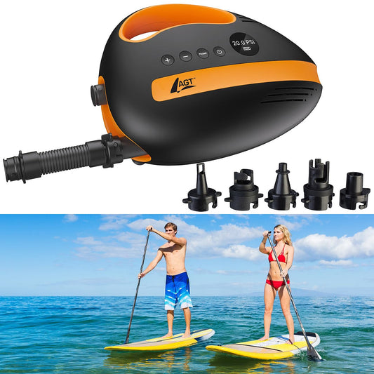 AGT SUP Battery Pump: Battery-operated air pump for SUP boards, 350 l/min, 3X 4,000 mAh, USB, 12V (Accu pump for compressor, electric)