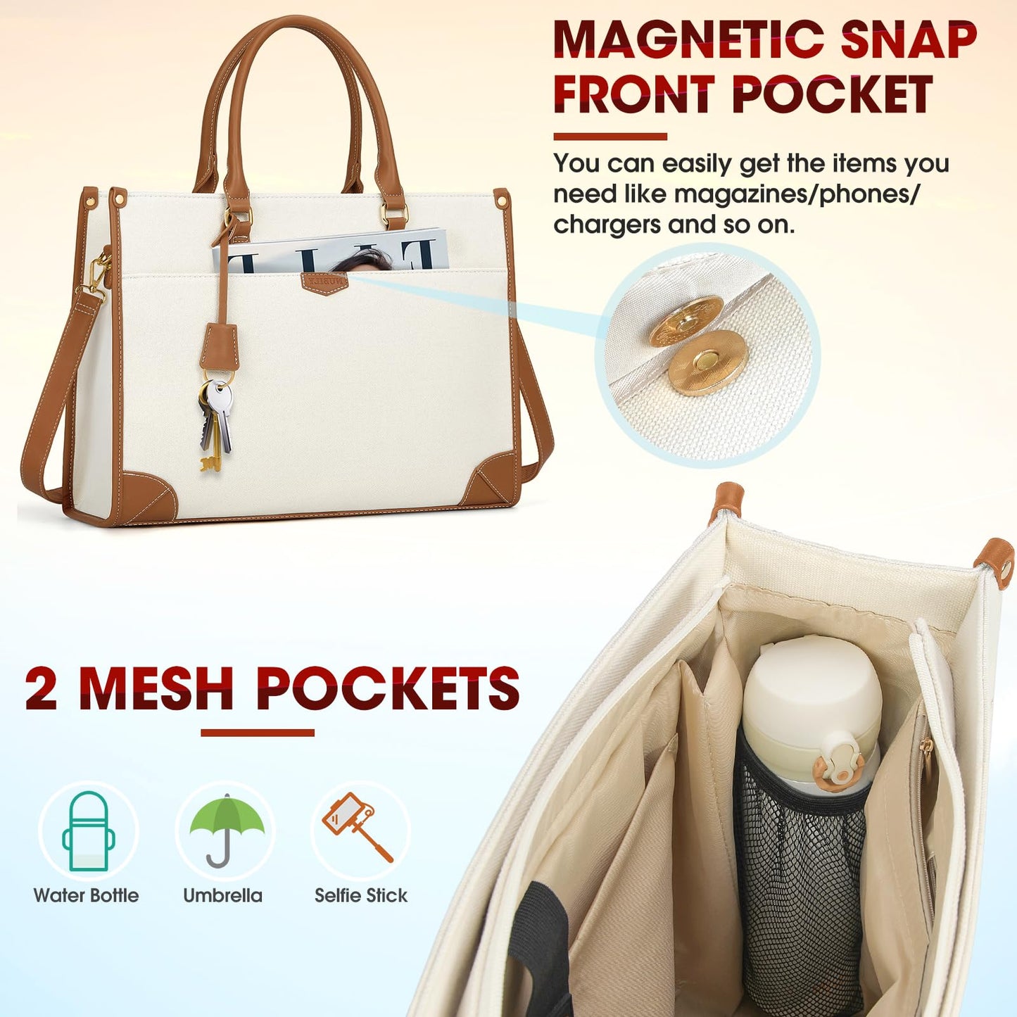 IGOLUMON handbag women canvas laptop bag 15.6 inch shopper women large laptop tote bag women work bag notebook bag office bag for office school travel, brown