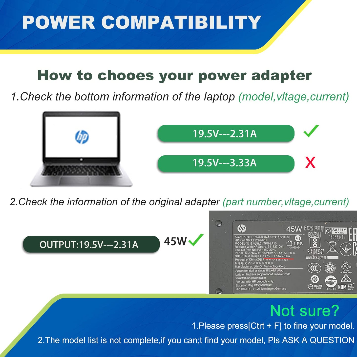 Apcstyle Compatible with HP laptop charger 45W 19.5V 2.31A power supply for Stream 11 13 14, HP 15 Notebook PC series Pavilion; HP 740015-003 741727-001 TPN-C125 740015-004 721092-001 AC adapter.