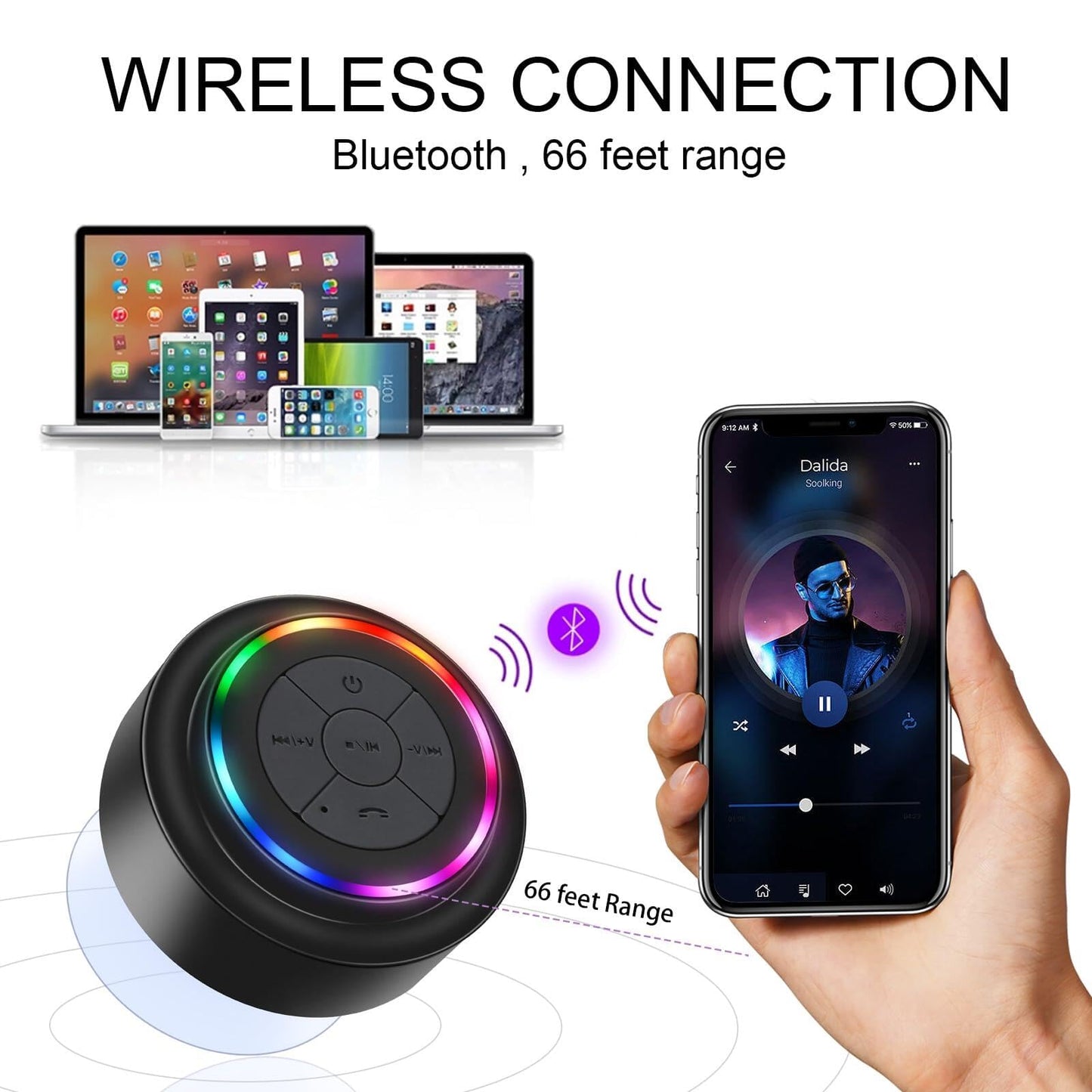Bluetooth shower speaker, portable waterproof Bluetooth speaker with suction cup, integrated microphone. Perfect for bathroom, parties, and the beach. Great gift idea!