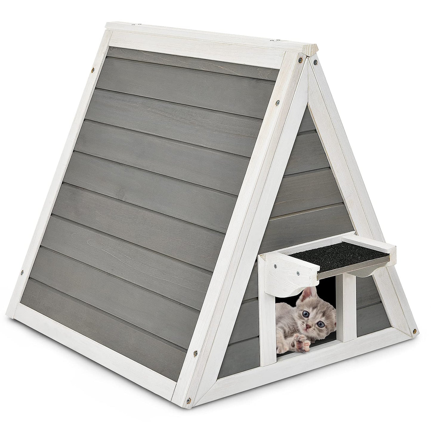 GYMAX 50 x 55 x 52 cm cat house with asphalt roof & door, weatherproof wooden cat cave, suitable for cats up to 20 kg, for indoor & outdoor use.