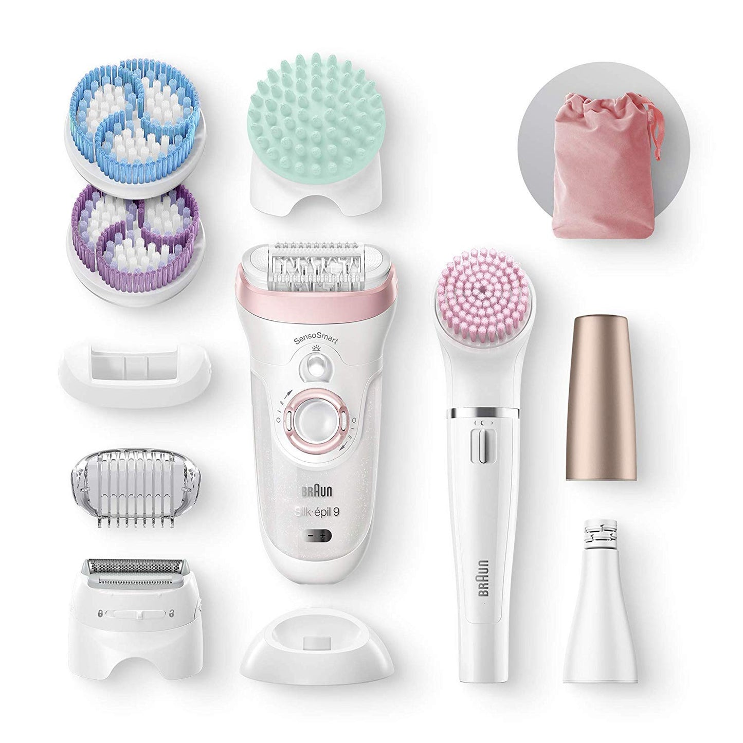 Braun Silk-épil Beauty Set 9 Deluxe 7-in-1 Epilator Women / Hair Remover, Facespa Facial Hair Remover, Shaver, Exfoliator, Face and Body Cleansing Kit, 9-985, White/Pink