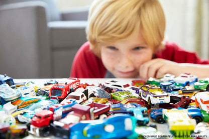 Hot Wheels, set of 8 basic toy cars and trucks in a 1:64 scale, including 1 exclusive vehicle, released throughout the year. Various assortments, style may vary. HPV78.