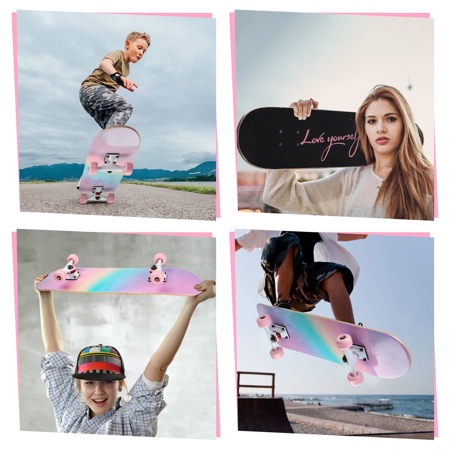 ILAHUI skateboard for teens, girls, kids, adults, beginners, 7 layers of maple wood, deck, 80 x 20 cm, bag, skateboard, rainbow powder