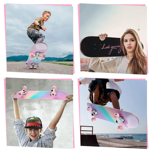 ILAHUI skateboard for teens, girls, kids, adults, beginners, 7 layers of maple wood, deck, 80 x 20 cm, bag, skateboard, rainbow powder
