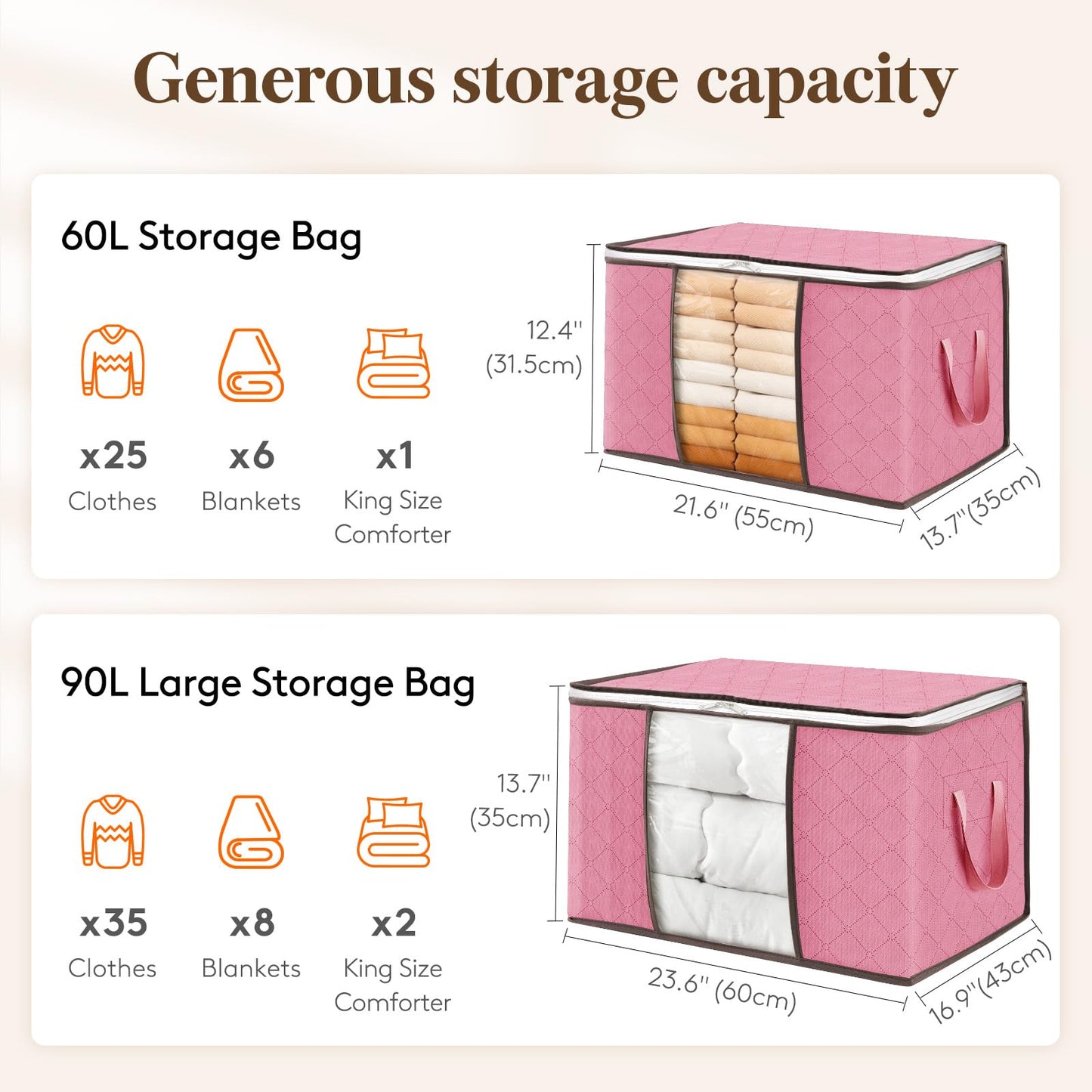 Lifewit 6-piece 90L Storage Bag, Storage Box with Lid, Large Clothes Storage Moving Boxes, Foldable Storage Boxes for Comforters Blankets Clothes Underbed Closet, Pink