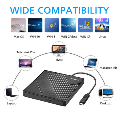 Amicool External DVD Drive External USB 3.0 USB C CD Drive for Laptop Desktop PC MacBook External DVD Burner Windows 7/8.1/10/11 Linux Mac OS CD/DVD Player Portable +/-RW ROM Optical Drive