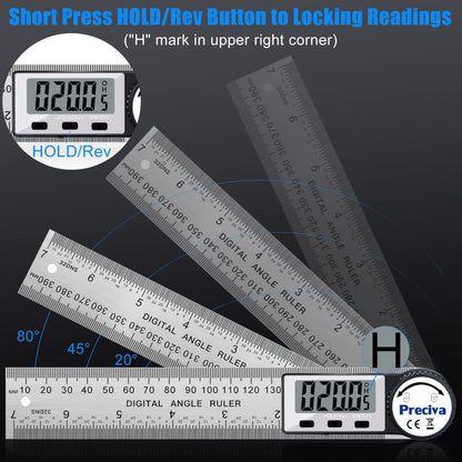 Protractor, Preciva Digital Protractor with HOLD screen and 180° rotating function, 400mm angle gauge ruler made of stainless steel for woodworking, DIY - large display