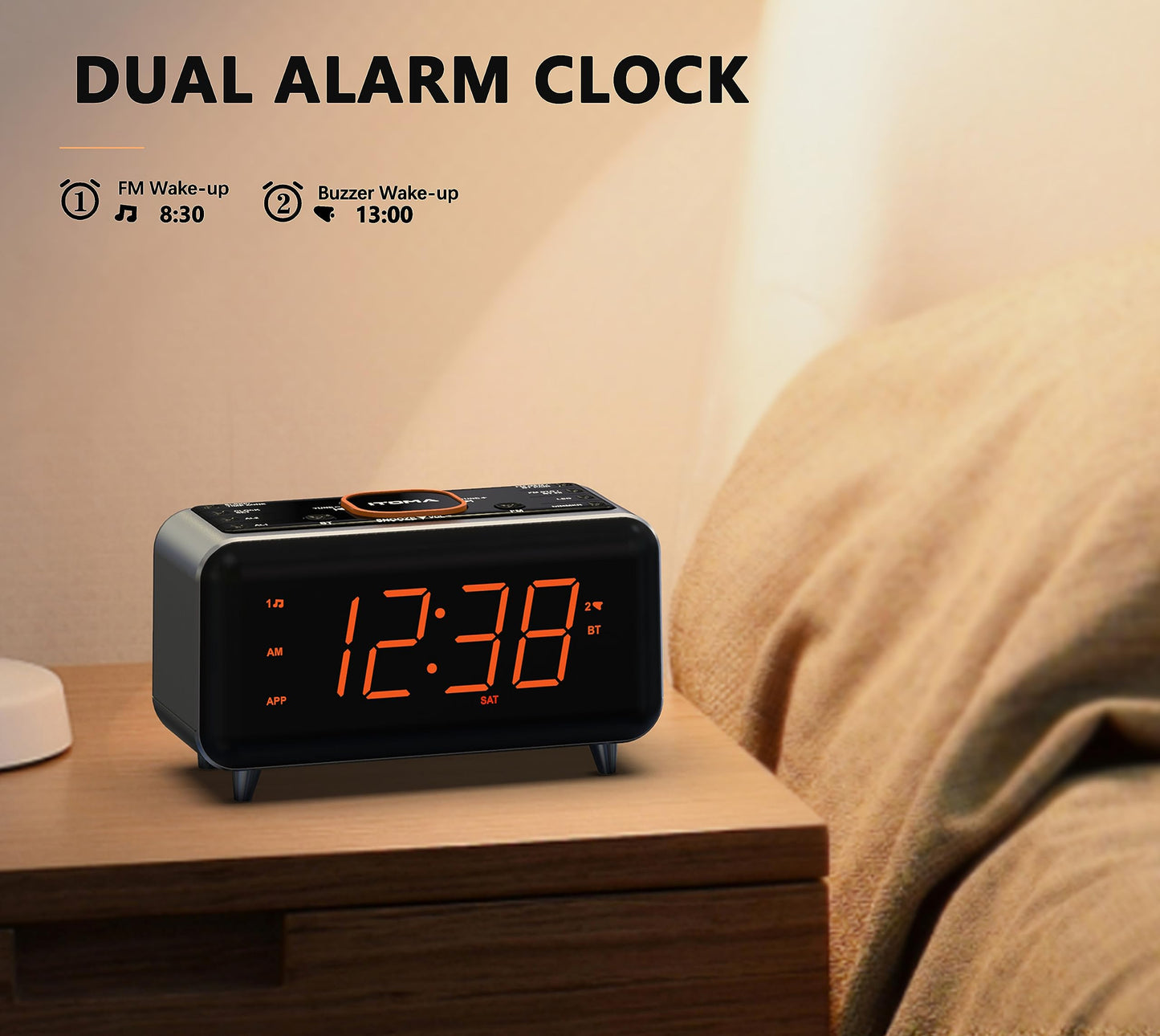 iTOMA clock radio with app control, Bluetooth, FM radio, dual alarm from 4 alarm modes, easy snooze, dimmer, orange night light, 12/24 hr through USB charging port CKS208