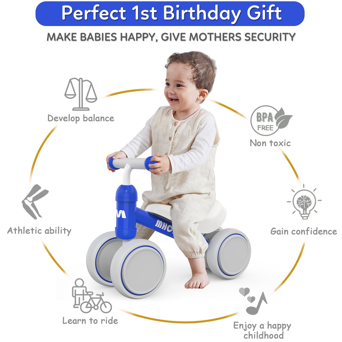 MHCYLION Kids Balance Bike from 1 year old with 4 wheels for 10-24 months baby, First Ride-On Bike for Boys Girls as gifts- Dark Blue