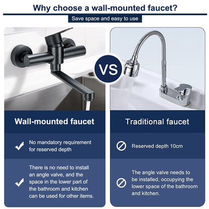 Wall-mounted faucet, 360° rotatable stainless steel kitchen faucet, hot and cold single lever mixer kitchen faucet, swivel arm 23cm, black.