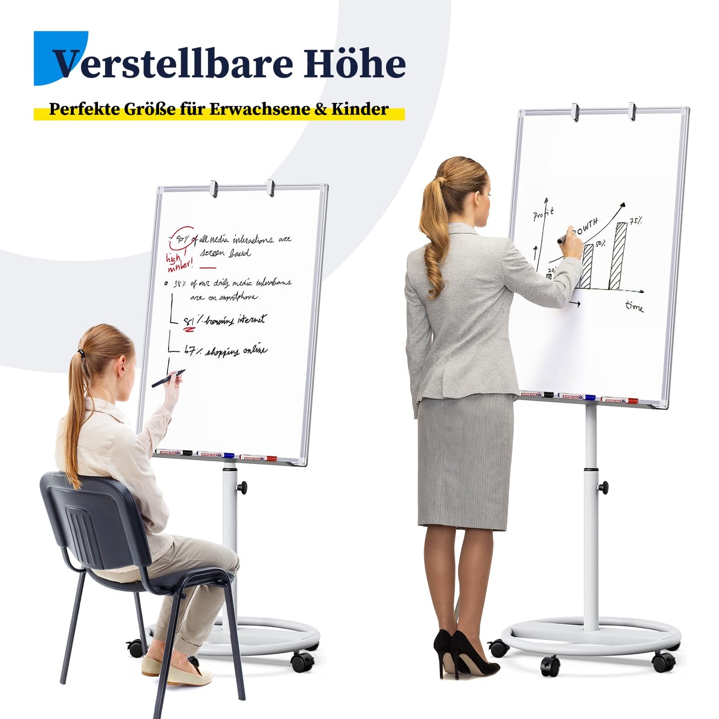 maxtek Flipchart stand, 90x60cm flipcharts whiteboard, aluminum frame hooks move flipchart paper, magnetic writable height adjustable, eraser, markers and magnets.
