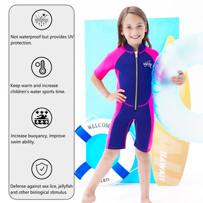 NATYFLY Kids Shorty Wetsuit 2.5mm Children's Neoprene Thermal Swimsuit UV Protection Swimsuits for Girls Boys One Piece WetSuits (Pink, 6 Years)