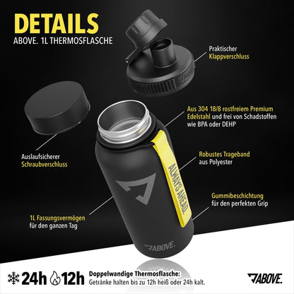 ABOVE. Stainless steel thermos bottle 1L - BPA-free, leak-proof & durable - keeps hot for 12h, cold for 24h - with extra drinking spout for sports, fitness & outdoor activities I high-quality gift box (Black)