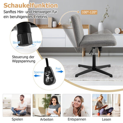 COSTWAY Tailor's Seat Chair, Swivel Chair without Armrests, Desk Chair with Wide Seat, Office Chair with Cross Base, Height Adjustable, Tilt Function, Modern (Gray)