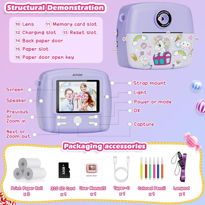 Instant Camera for Kids, Kids Camera Compact Cameras 1080P HD Instant Printing of Photos, Birthday Gift Christmas Gift Toy for 3 4 5 6 7 8 9 10 11 Year Old Girls Boys 3 Rolls of Photo Paper