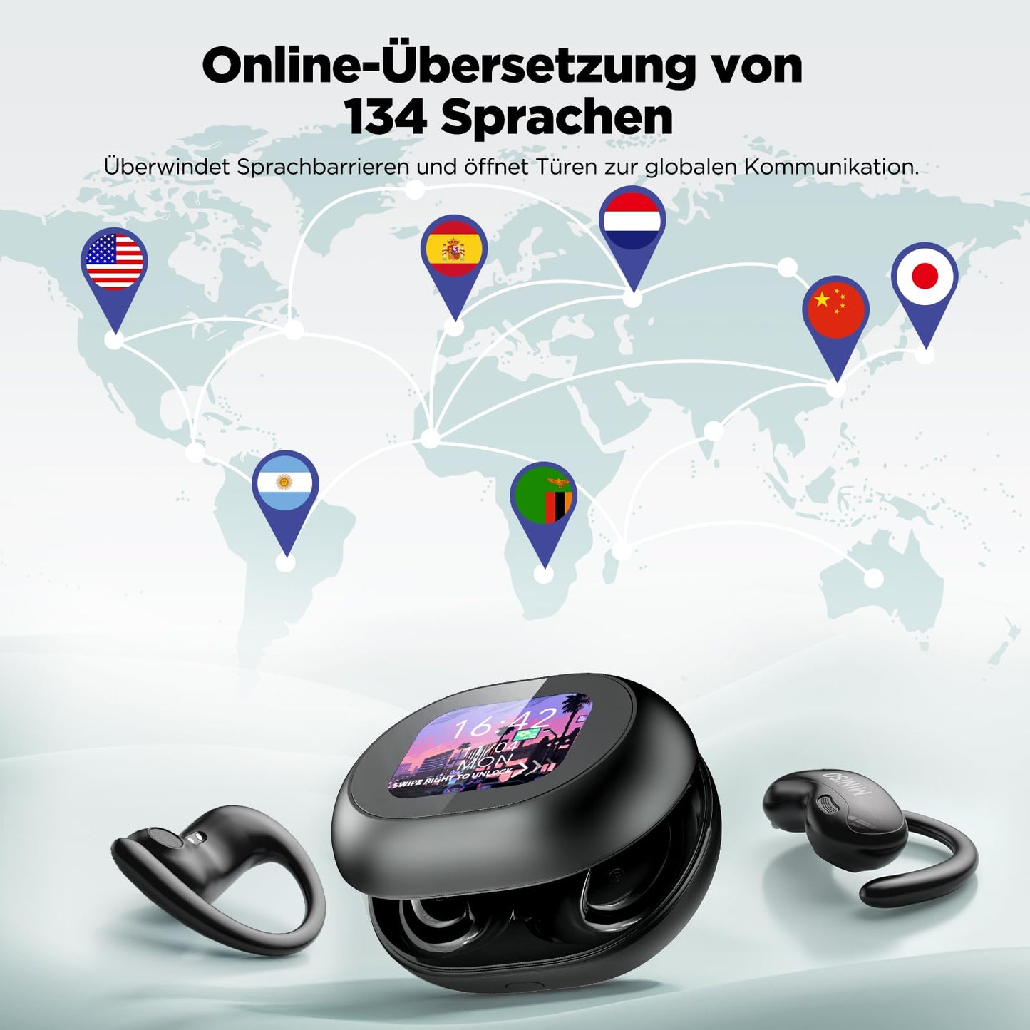 MINISO MS188 AI Translator Headphones, 3-in-1 translation headphones for 134 languages with LCD touchscreen, Bluetooth 5.4 language translator headphones, suitable for studying, traveling, and business.