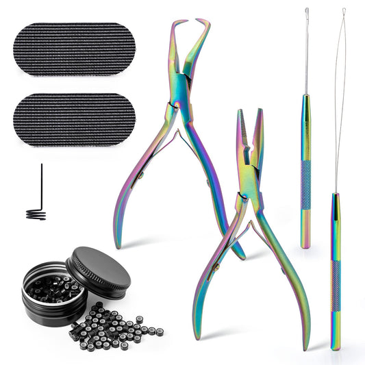 FOSHIO Hair Extension Tool Microring Extensions Set with 200 Black Microrings, 2 Microring Pliers, 2 Microring Needles, 2 Hair Patches Rainbow Color.