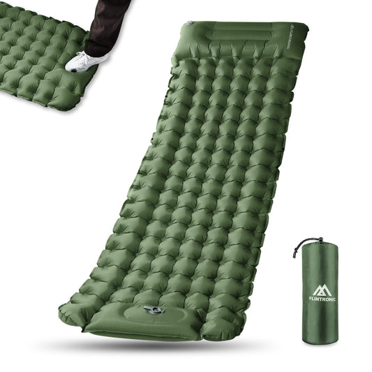 flintronic Camping Self-Inflating Sleeping Pad with Foot Pump, 10CM Thick Waterproof Pad with Pillow, Outdoor Inflatable Air Mattress, Foldable Sleeping Mat for Outdoor, Camping, Army Green