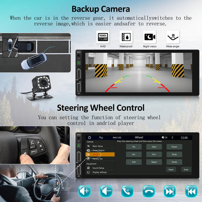 Single-Din car stereo with wireless Carplay, Android Auto, Bluetooth, 6.8-inch touchscreen, Mirror Link, AUX/USB/FM Radio, EQ, SWC, rear view camera, remote control, and microphone.